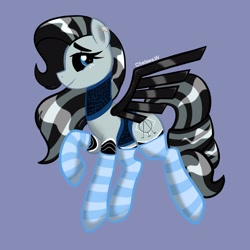 Size: 2048x2048 | Tagged: safe, artist:chelseawest, imported from derpibooru, oc, oc only, oc:achromia, pegasus, pony, robot, robot pony, black sclera, blue eyes, clothes, cutie mark, lavender background, simple background, socks, solo, striped socks