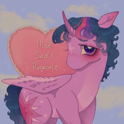 Size: 1440x1440 | Tagged: safe, artist:ariariari.png, imported from derpibooru, twilight sparkle, alicorn, pony, alternate hairstyle, heart, sad, sky, solo, twilight sparkle (alicorn)