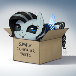 Size: 1300x1300 | Tagged: safe, artist:magfen, imported from derpibooru, oc, oc:achromia, pegasus, pony, robot, robot pony, :p, box, cardboard box, commission, female, if i fits i sits, mare, silly face, tongue out, ych result