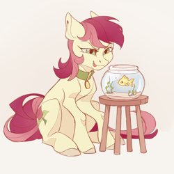 Size: 1770x1770 | Tagged: safe, artist:miss_glowwormis, imported from derpibooru, roseluck, fish, pony, aquarium, behaving like a cat, collar, commission, commissioner:doom9454, cute, fish bowl, pet tag, pony pet, rosepet, sitting