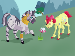 Size: 3003x2247 | Tagged: safe, artist:kokoropancake, imported from derpibooru, apple bloom, zecora, earth pony, pony, zebra, the cutie pox, cutie pox, female, filly, flower, foal, high res, mare, multiple cutie marks, unshorn fetlocks