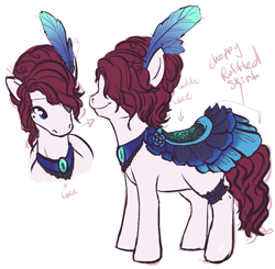 Size: 921x903 | Tagged: safe, artist:pawprintstars, imported from derpibooru, oc, oc only, oc:madame gateau, earth pony, pony, beauty mark, clothes, dress, feather, feather in hair, female, garter, hair over one eye, mare, reference sheet, saddle, simple background, smiling, solo, tack, white background