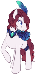 Size: 552x1160 | Tagged: safe, artist:pawprintstars, imported from derpibooru, oc, oc only, oc:madame gateau, earth pony, pony, beauty mark, clothes, dress, eyepatch, feather, feather in hair, female, garter, hair over one eye, lidded eyes, mare, simple background, smiling, solo, white background