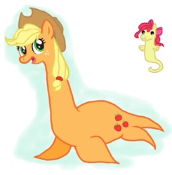 Size: 599x610 | Tagged: safe, artist:systema, imported from derpibooru, apple bloom, applejack, plesiosaur, seahorse, apple sisters, female, race swap, siblings, simple background, sisters, species swap, white background