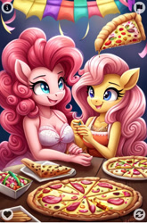 Size: 895x1352 | Tagged: safe, imported from twibooru, applejack, fluttershy, pinkie pie, rainbow dash, rarity, twilight sparkle, anthro, earth pony, human, pegasus, pony, equestria girls, date night, female, flutterpie, food, humanized, image, lesbian, mane six, needs more jpeg, pizza, romantic, shipping