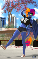 Size: 1080x1648 | Tagged: safe, artist:anthroponiessfm, imported from derpibooru, oc, oc:layla horizon, anthro, bat pony, 3d, anthro oc, bat pony oc, bat wings, clothes, collar, converse, cute, fangs, female, looking at you, park, shoes, short shirt, shorts, source filmmaker, wings