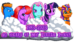 Size: 354x199 | Tagged: safe, artist:epicvon, artist:joeydr, artist:lukaat, artist:tihan, imported from derpibooru, minty, sunny starscout, sweet berry, teddy, twilight sparkle, alicorn, earth pony, 40th anniversary, cloud, g1, g2, g3, g5, manepxls, pixel art, simple background, sunglasses, transparent background, twilight sparkle (alicorn)