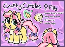 Size: 1601x1150 | Tagged: safe, artist:rivibaes, imported from derpibooru, oc, oc only, oc:crafty circles, pony, unicorn, bow, cute, female, filly, foal, hair bow, hoof heart, magic, magic glow, open mouth, reference sheet, smiling, solo, underhoof