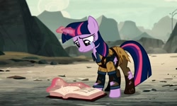 Size: 1280x768 | Tagged: safe, imported from derpibooru, screencap, twilight sparkle, pony, unicorn, ai content, ai generated, book, clothes, crying, depressed, fake, female, female focus, generator:pony diffusion v6 xl, generator:stable diffusion, magic, sad, solo, solo female, solo focus, standing