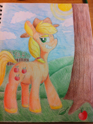 Size: 500x670 | Tagged: safe, artist:tiger-puppy, imported from twibooru, applejack, earth pony, pony, applejack's hat, cloud, cowboy hat, cutie mark, female, freckles, hat, image, mare, needs more jpeg, smug, solo, sweat, sweet apple acres, traditional art, tree