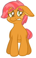 Size: 432x695 | Tagged: safe, artist:tiger-puppy, imported from twibooru, babs seed, earth pony, pony, female, filly, floppy ears, freckles, image, looking sideways, png, simple background, solo, tail, transparent background, worried