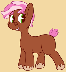 Size: 561x614 | Tagged: safe, artist:tiger-puppy, imported from twibooru, oc, oc only, oc:nora lily, earth pony, pony, earth pony oc, eyebrows, female, image, looking sideways, mare, open mouth, png, short tail, simple background, smiling, unshorn fetlocks