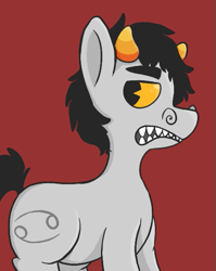 Size: 477x600 | Tagged: safe, artist:tiger-puppy, imported from twibooru, pony, colt, crossover, cutie mark, eyebrows, gritted teeth, homestuck, image, karkat vantas, looking back, male, png, ponified, simple background, solo, tail, yellow sclera