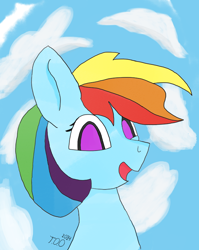 Size: 616x772 | Tagged: safe, artist:theonlyone, imported from derpibooru, rainbow dash, pegasus, cloud, looking at you, simple background, sky, smiling, smiling at you, solo