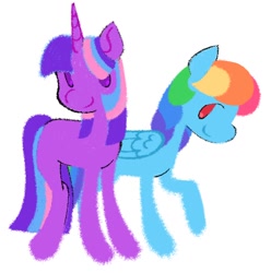 Size: 1356x1366 | Tagged: safe, artist:partyponypower, imported from derpibooru, rainbow dash, twilight sparkle, pegasus, pony, unicorn, blue coat, duo, horn, multicolored hair, purple coat, rainbow hair, simple background, smiling, unicorn twilight, white background, wings