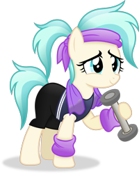 Size: 3439x4301 | Tagged: safe, artist:anime-equestria, imported from derpibooru, coco pommel, earth pony, alternate hairstyle, clothes, female, headband, leg warmers, mare, ponytail, shorts, simple background, smiling, solo, towel, transparent background, vector