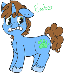 Size: 848x963 | Tagged: safe, artist:tiger-puppy, imported from twibooru, oc, oc only, oc:ember, pony, unicorn, female, floppy ears, image, looking back, looking sideways, mare, png, ponysona, short tail, simple background, solo, tail, teeth, text, unshorn fetlocks, white background