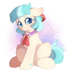 Size: 2048x2048 | Tagged: safe, artist:adostume, imported from derpibooru, coco pommel, pony, blushing, digital art, female, heart, looking at you, mare, raised hoof, shy, simple background, sitting, smiling, smiling at you, solo, white background