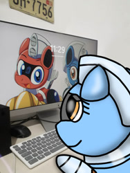 Size: 828x1103 | Tagged: safe, artist:foxfer64_yt, imported from derpibooru, oc, oc only, oc:silverstream (robot pony), oc:trackhead, mouse, pony, robot, robot pony, computer, house, indoors, irl, keyboard, looking at something, photo