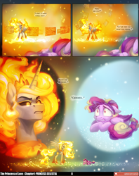 Size: 3541x4469 | Tagged: safe, artist:jewellier, artist:lummh, imported from derpibooru, daybreaker, princess cadance, alicorn, pegasus, comic:the princess of love, alternate hairstyle, alternate tailstyle, ascension realm, crown, dialogue, female, fiery mane, filly, fire, foal, frightened, gritted teeth, high res, hoof shoes, jewelry, lyrics, mare, pegasus cadance, peytral, pinpoint eyes, princess celestia's special princess making dimension, princess shoes, regalia, tail, teeth, text, wide eyes, young cadance, younger