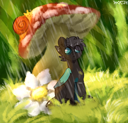 Size: 2244x2160 | Tagged: safe, artist:juiss, imported from derpibooru, oc, oc only, changeling, original species, pony, snail, flower, micro, mushroom, rain, sitting, solo