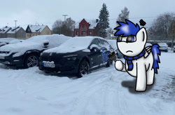 Size: 1105x723 | Tagged: safe, artist:foxfer64_yt, imported from derpibooru, oc, oc only, oc:shy white, pegasus, pony, car, commission, ice, looking at something, parking lot, photo, snow, solo, unamused