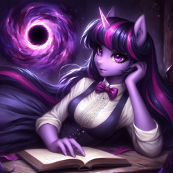 Size: 2048x2048 | Tagged: safe, imported from derpibooru, twilight sparkle, anthro, unicorn, ai content, ai generated, black hole, blouse, book, clothes, dress, generator:bing image creator, glowing, glowing horn, horn, prompter:krivovyaz, skirt, solo