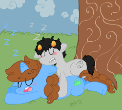 Size: 571x511 | Tagged: safe, artist:tiger-puppy, imported from twibooru, oc, oc:ember, pony, blushing, cloud, colt, crossover, cutie mark, eyes closed, female, grass, homestuck, image, karkat vantas, male, mare, onomatopoeia, open mouth, png, ponified, prone, sharp teeth, shipping, sleeping, snoring, sound effects, teeth, tree, zzz