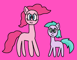 Size: 1107x871 | Tagged: safe, artist:the-rainbow-nigga420, imported from twibooru, pinkie pie, earth pony, pony, series:my little filly: friendship is magic, 1000 hours in ms paint, aura (g4), aurabetes, background pony, cute, diapinkes, duo, female, filly, image, mare, ms paint, paint.net, pink background, png, simple background, smiling