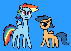Size: 1032x748 | Tagged: safe, artist:the-rainbow-nigga420, imported from twibooru, first base, rainbow dash, pegasus, pony, series:my little filly: friendship is magic, 1000 hours in ms paint, adorabase, background pony, blue background, cute, dashabetes, duo, female, filly, image, mare, ms paint, paint.net, pegasus first base, png, race swap, simple background, smiling