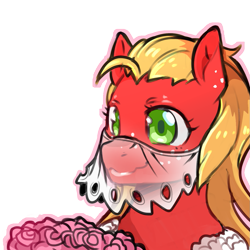 Size: 1159x1159 | Tagged: safe, alternate version, artist:cold-blooded-twilight, imported from derpibooru, big macintosh, earth pony, pony, blushing, flower, freckles, lipstick, long hair, macareina, marriage, rule 63, simple background, smiling, transparent background, wedding, wedding veil