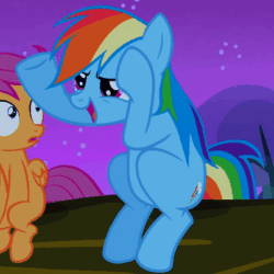 Size: 402x402 | Tagged: safe, imported from derpibooru, screencap, rainbow dash, scootaloo, pegasus, pony, season 3, sleepless in ponyville, animated, duo, duo female, female, gif, mare
