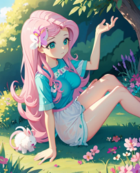 Size: 624x768 | Tagged: safe, imported from derpibooru, fluttershy, butterfly, human, equestria girls, humanized, nature, pink hair, solo, teal eyes, white bunny