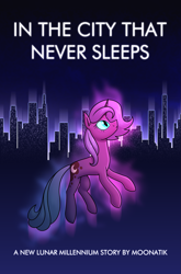 Size: 1591x2414 | Tagged: safe, artist:moonatik, imported from derpibooru, nightmare moon, princess luna, pony, unicorn, alternate timeline, concave belly, disguise, fanfic, fanfic art, fanfic cover, female, manehattan, mare, new lunar millennium, night, night sky, nightmare luna, nightmare takeover timeline, s1 luna, sky, solo