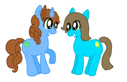 Size: 861x555 | Tagged: safe, artist:tiger-puppy, imported from twibooru, oc, oc only, oc:ember, unnamed oc, earth pony, pony, unicorn, cutie mark, duo, earth pony oc, female, females only, horn, image, looking at each other, mare, open mouth, png, ponysona, raised hoof, simple background, smiling, tail, unicorn oc, white background