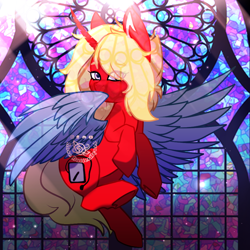 Size: 1000x1000 | Tagged: safe, artist:rosebutterfly014, imported from derpibooru, alicorn, pony, covering, flying, glare, light, stained glass, wing covering, wings