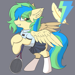 Size: 750x750 | Tagged: safe, artist:hcl, imported from twibooru, pegasus, clothes, ear fluff, hidden cutie mark, image, looking sideways, multicolored mane, multicolored tail, png, skirt, socks, tennis racket