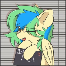 Size: 1200x1200 | Tagged: safe, artist:hcl, imported from twibooru, pegasus, barbie mugshot meme, ear fluff, image, multicolored mane, needs more jpeg, open mouth, winking at you