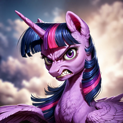 Size: 1024x1024 | Tagged: safe, imported from derpibooru, twilight sparkle, alicorn, pony, ai content, ai generated, angry, anonymous prompter, bust, cloud, detailed, female, furious, generator:pony diffusion v6 xl, gritted teeth, looking at you, mare, portrait, scowl, solo, solo female, teeth, twilight sparkle (alicorn), wings
