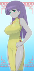 Size: 2614x5500 | Tagged: safe, alternate version, artist:batipin, imported from derpibooru, maud pie, human, equestria girls, breasts, busty maud pie, cheongsam, chinese dress, clothes, dress, female, gradient background, multiple variants, solo
