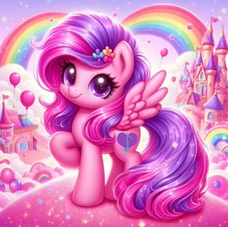 Size: 1086x1080 | Tagged: safe, edit, imported from derpibooru, oc, oc:emilia starsong, pegasus, pony, ai content, ai generated, balloon, castle, cloudcity, fantasy world, female, generator:bing image creator, girly girl, glitter, happy, long hair, looking at you, pegasus oc, pink, pink fur, prompter:emilia starsong, rainbow, solo, solo female, stars, wings