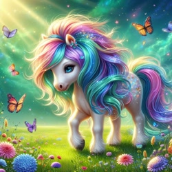 Size: 1024x1024 | Tagged: safe, imported from derpibooru, oc, oc only, unnamed oc, butterfly, earth pony, pony, ai content, ai generated, flower, full body, generator:bing image creator, grass, i really like her mane, multicolored mane, prompter:pawels, raised hoof, solo, standing