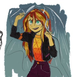 Size: 948x1000 | Tagged: safe, artist:tttthunderbolt, imported from derpibooru, sunset shimmer, human, equestria girls, clothes, female, jacket, not fiery shimmer, open mouth, pants, smiling, solo