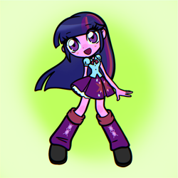 Size: 1000x1000 | Tagged: safe, artist:tttthunderbolt, imported from derpibooru, twilight sparkle, human, equestria girls, blue hair, clothes, full body, green background, leg warmers, open mouth, open smile, purple hair, purple skin, shirt, simple background, skirt, smiling, solo