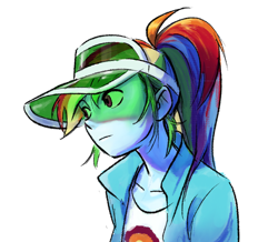 Size: 1250x1088 | Tagged: safe, artist:tttthunderbolt, imported from derpibooru, rainbow dash, human, equestria girls, blue skin, bust, cap, clothes, hat, jacket, multicolored hair, ponytail, rainbow hair, simple background, solo, white background