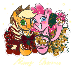 Size: 1215x1111 | Tagged: safe, artist:tttthunderbolt, imported from derpibooru, applejack, pinkie pie, earth pony, pony, applepie, blonde hair, christmas, female, grin, holiday, lesbian, orange coat, pink coat, pink hair, shipping, simple background, smiling, transparent background