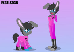 Size: 986x697 | Tagged: safe, artist:excelso36, imported from ponybooru, oc, oc only, oc:toxic plunge, human, pony, bunny ears, clothes, fetish, human ponidox, humanized, hypnosis, hypnotized, latex, latex suit, rubber, rubber suit, rubbing, self ponidox