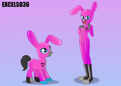 Size: 986x697 | Tagged: safe, artist:excelso36, imported from ponybooru, oc, oc only, oc:toxic plunge, human, pony, bunny ears, clothes, fetish, human ponidox, humanized, latex, latex suit, rubber, rubber suit, rubbing, self ponidox