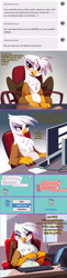 Size: 2000x8170 | Tagged: safe, artist:rupert, imported from derpibooru, gilda, griffon, series:ask white belly gilda, ai assisted, ai content, ask, censored, censored vulgarity, chair, comic, computer, desk, dialogue, female, generator:pony diffusion v6 xl, generator:stable diffusion, gilda is not amused, high res, junk mail, keyboard, looking at you, monitor, mouse cursor, pale belly, plump, prompter:rupert, sarcasm, sitting, solo, trash can, tumblr, unamused, white belly