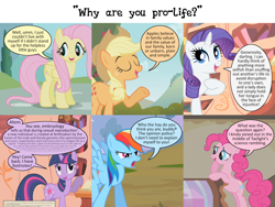 Size: 2160x1620 | Tagged: safe, edit, edited screencap, imported from derpibooru, screencap, applejack, fluttershy, pinkie pie, rainbow dash, rarity, twilight sparkle, earth pony, pegasus, pony, unicorn, abortion, caption, comic, dialogue, female, mane six, mare, panels, politics, screencap comic, speech bubble, text